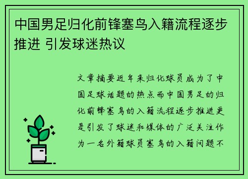 中国男足归化前锋塞鸟入籍流程逐步推进 引发球迷热议