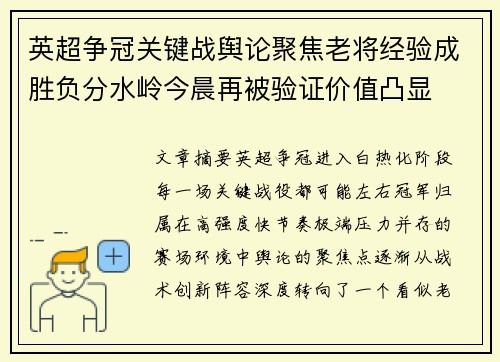 英超争冠关键战舆论聚焦老将经验成胜负分水岭今晨再被验证价值凸显 英超争冠关键战舆论聚焦老将经验成胜负分水岭今晨再被验证价值凸显